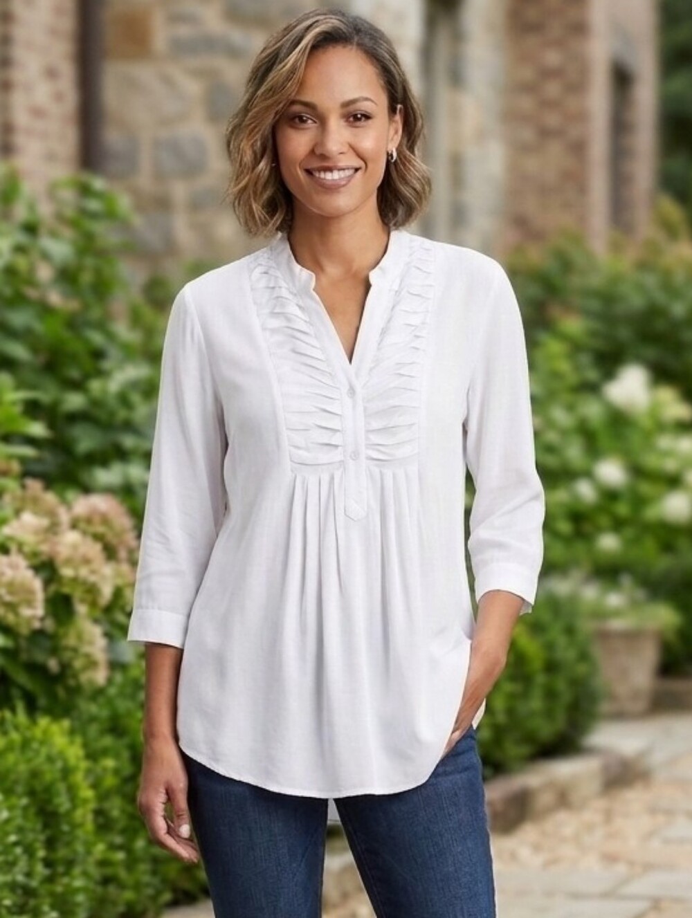 Spense White Pleated V-Neck 100% Viscose Rouched Blouse 3/4 Sleeve Size Large